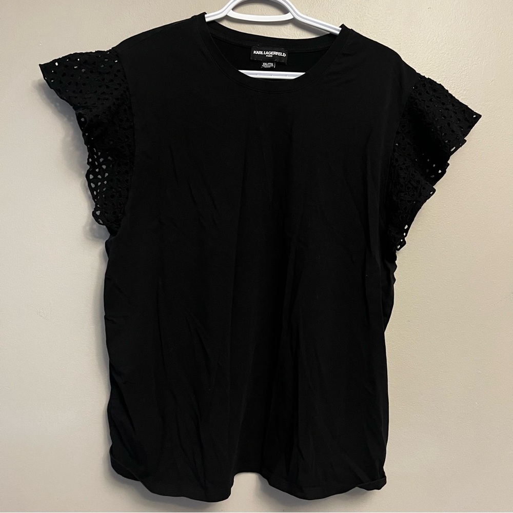 XXL black Karl lagerfeld eyelet flutter sleeve black shirt